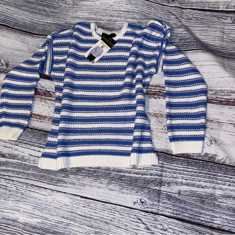 Joseph A. Blue White Striped Textured Sweater | Size L | NWT